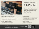 The CDP-S360 is a value for money digital piano with numerous built-in tones & rhythms. It is extremely lightweight and portable. Open to more possibilities by connecting to the Free Chordana Play for Piano app. Alternatively, purchase the optional WU-BT10 and use the CDP-S360 as a speaker.