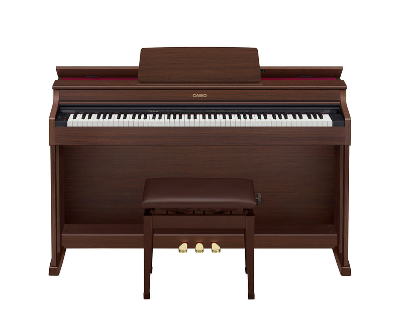 Celviano AP-470 Beautiful Cabinet Piano. The AP-470 is equipped with 22 tones in total with two stunning grand piano sounds. The AiR Sound Source delivers incredible piano realism with advanced sympathetic string resonance, highlighting the complex harmonic relationships between undamped strings. Connect to the Chordana Play For Piano App to unlocked all the features of the AP-470 on your smart devices. 